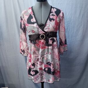 Knitwerks Pink and grey sheer floral print dress with black rhinestone belt
